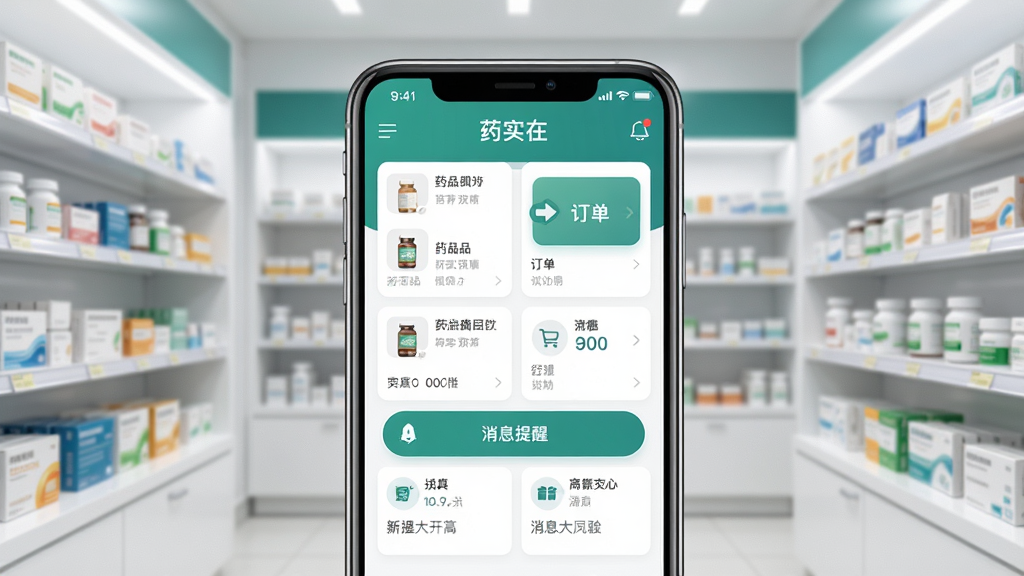 ����������һ�������ֻ�����Ļ��չʾ�š�ҩʵ�ڡ�APP����ҳ���棬�����а���ҩƷ�б��������������Ϣ���ѵ�ģ�飬�����������������ִ���ҩ�����ܣ�����������ڷ��Ÿ���ҩƷ��װ�У����岼�ֲ��þ��жԳƹ�ͼ�����Ϊдʵ����Ƽ��磬ϸ����ͻ���ֻ���Ļ��UI�����ҩ�������ĸɾ��ʸУ�����������������ͣ��޶�������Ԫ��