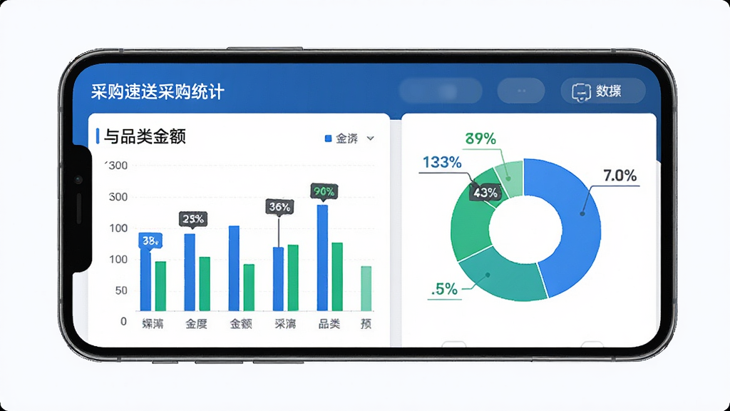�����Ͳɹ�����ͳ�Ʊ���ҳ�棬�ֻ���Ļ��ʾ��״ͼ�ͱ�״ͼ��չʾ�ɹ������Ʒ��ռ�ȣ�����Ϊ���·����Ű棬���Ϊ�ִ����ݿ��ӻ����ϸ�ڰ�����ɫ����ɫ��ͼ����ɫ�Լ����ݱ�ǩ�����ʸ���ɾ����޶���Ԫ��
