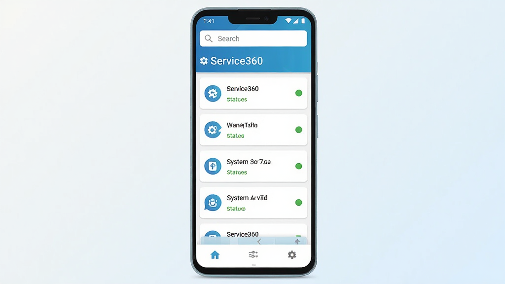 һ��չʾ��׿�ֻ���Ļ��ͼƬ����Ļ������ʾService360Ӧ�������棬�������ΪService360���·��г����ϵͳ������Ŀ��ÿ����Ŀ����ͼ���״̬��ʶ�����岼�ּ������������Ϊǳɫ���䣬���Ϊ�ִ��Ƽ��б�ƽ����ƣ�ϸ�ڰ����������������͵ײ��Ĺ��ܰ�ť�����ʸ��壬�ɾ����࣬�޶���Ԫ��