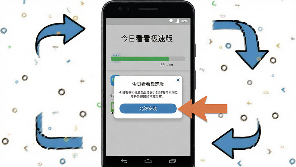 ���տ������ٰ氲װ����ʾ��ͼ������Ϊһ����׿�ֻ�չʾ��װ��������Ȩ����Ȩ�������ֻ����м�ͷָ��������װ����ť���Ű�Ϊ�ֻ����С������ͷ���ƣ����Ϊ���̳̲廭�磬ϸ������Ļ����д��