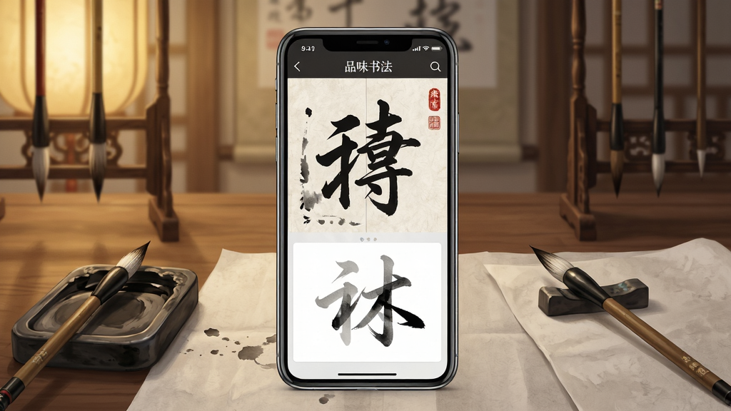 һ��չʾƷζ�鷨��������ĳ���ͼ������������һ̨�����ֻ�����Ļ��ʾƷζ�鷨App�����ֽ��棬�����г���ë��������ʻ�ʾ�����ֻ���Χ�ڷ���ë�ʡ���̨����ֽ������Ϊ�ŷ��鷿��ůɫ�ƹ⣬���ּ����У��Ű�ͻ���ֻ���Ļ�����Ϊдʵ�廭��ϸ�ڰ���ī����������ֽ�ʸУ����ʸ��壬�ɾ����޶���Ԫ��