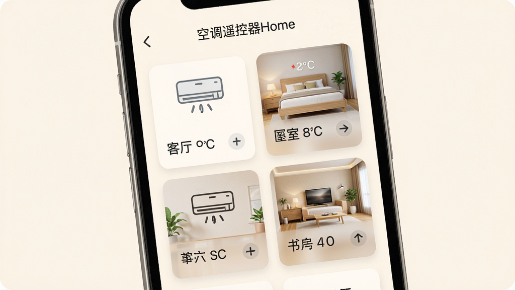 �յ�ң����Home�෿��������棬�ֻ���Ļ����չʾ����Ļ����ʾ���������ҡ��鷿�������俨Ƭ��ÿ����Ƭ���пյ�ͼ����¶���Ϣ������Ϊ����װ�ɫ���������ǳɫ��ϸ�����������ʸɾ����޶���Ԫ�أ�ͼƬ������Ϊ