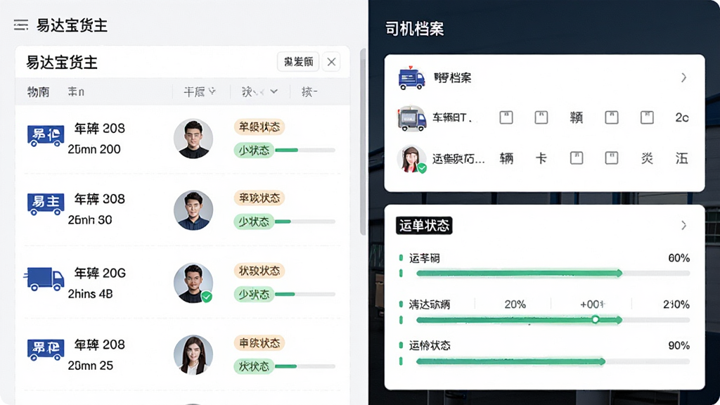 ����չʾһ������������̨���棬���Ϊ���״ﱦ�����������б����Ҳ�Ϊ˾��������Ƭ���˵�״̬���壻����Ϊ���ҷ��������Ϊ�������磻ϸ�ڰ������ƺš�ͷ��״̬��ǩ�ͽ����������ʸ��壬�ɾ��޶���Ԫ��