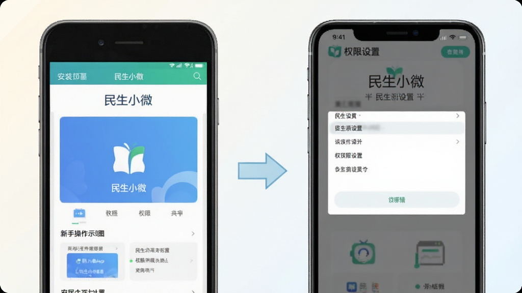 ����С΢App���ֲ���ʾ��ͼ���������Ϊ�ֻ���װ���棬�Ҳ�ΪȨ��������壬�м��м�ͷ���ӣ�����ǳɫ�����������˵��ͼ�����ֱ�ע������С΢�������廭�ʣ��Ű������޶���Ԫ��