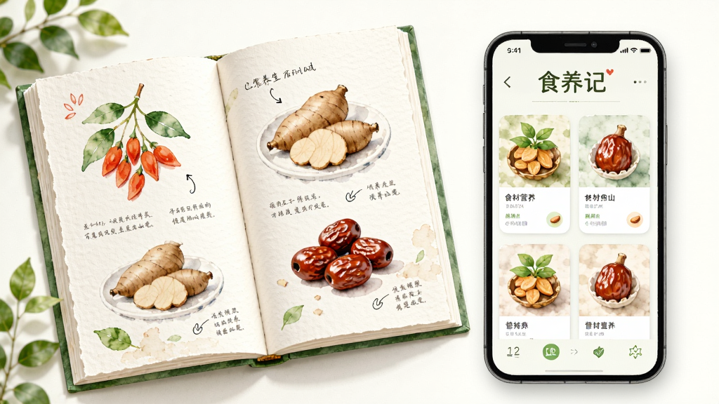 һ���򿪵�ʳ�����롰ʳ���ǡ�APP���沢��չʾ����ҳ�ϻ�������轡�ɽҩ�������ʳ�Ĳ廭��APP������ʾʳ��Ӫ����Ƭ�����ֲ������ҷ��������Ϊ����ˮ���ֻ�磬ϸ�ڰ�����͵�ֽ����������д��ע����ɫֲ���׺�����ʸ��壬�ɾ����޶���Ԫ��