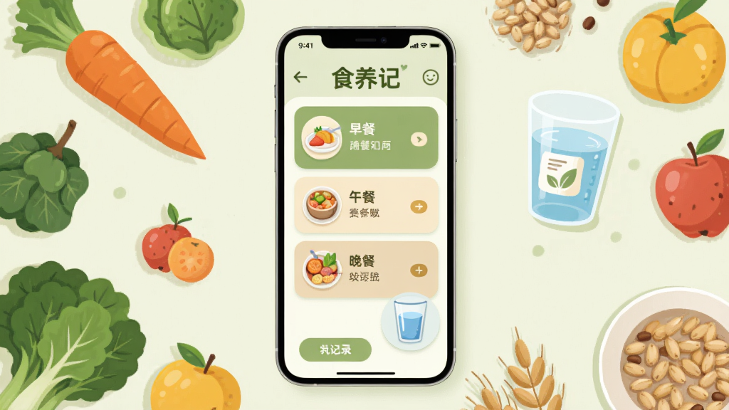 ��������չʾһ�������ֻ����ֻ���Ļ����ʾ��ʳ���ǡ�APP�������棬����������͡���͡����͵ļ�¼��Ƭ��һ��ˮ��ͼ�꣬��Χ�����������߲ˡ�ˮ���������һ����ˮ��ʵ��廭�����岼�ֲ������ĶԳ�ʽ�����Ϊ��ƽ����������磬ϸ�ڰ�����͵���ɫ����ɫ��ɫ��Բ��ͼ������������ֱ�ǩ�����ʸ��壬�ɾ����޶���Ԫ��