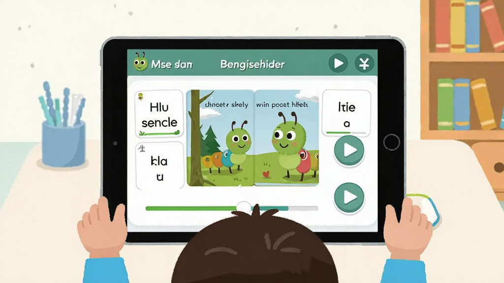 һ��չʾ��ͯ��ƽ����ʹ��ëë������Ӣ���������Ĳ廭������������һ̨��ŵ�ƽ����ԣ���Ļ����ʾëë������Ӣ��ѧϰ���棬�л汾ͼ���͵����ť��ƽ��ǰ������һ��Сѧ�����ڸ������������������������ܣ����־��жԳƣ����Ϊ���±�ƽ���廭��ϸ�ڰ�����Ļ�ϵ�Ӣ�ﵥ�ʿ�Ƭ�����Ű�ťͼ�ꡢ�����������ʸ���ɾ����޶���Ԫ��