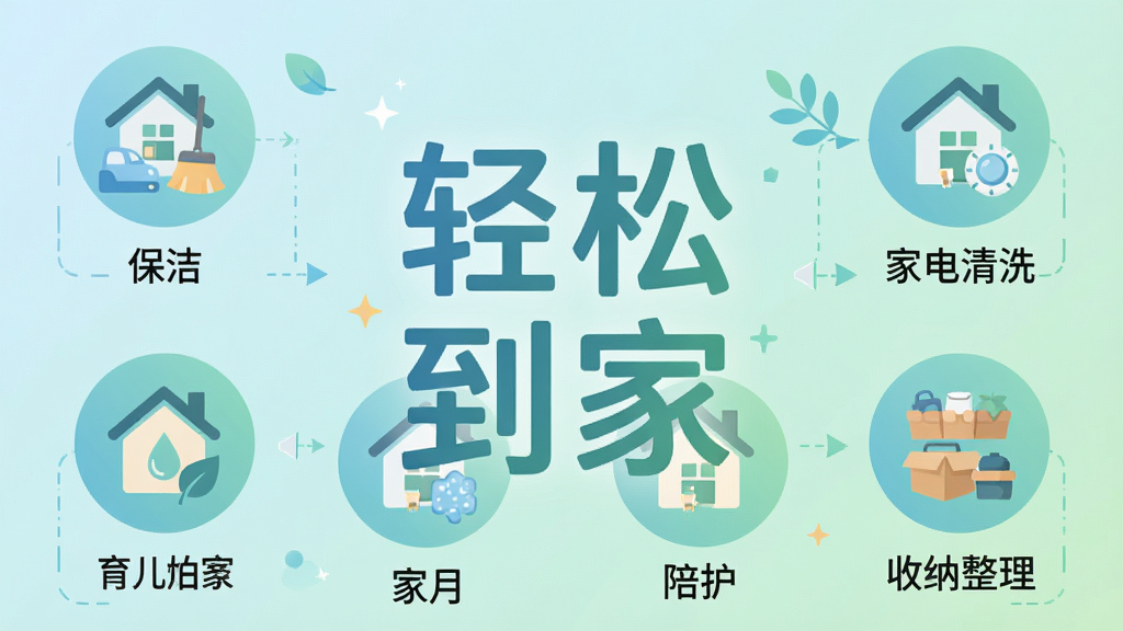 һ����Ϣͼ���Ĳ廭�����������ǡ����ɵ��ҡ��ĸ����֣���Χ�ֲ�������Բ��ͼ�꣬�ֱ�������ࡢ��ɩ���ҵ���ϴ���������㻤������������ÿ��ͼ���·��м������˵���������Ű����룬������͵����̽�����ɫ����ƽ����ƣ����������ɾ�