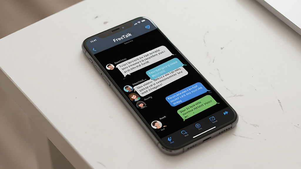 һ��չʾ�����ֻ���Ļ��ͼƬ����Ļ����ʾ��FreeTalk������棬�������������ĶԻ����ݺ�Ӣ��Ի����ݣ������Ǽ���ǳɫ���棬�����������ִ���ϸ�����������ʸɾ����޶���Ԫ��