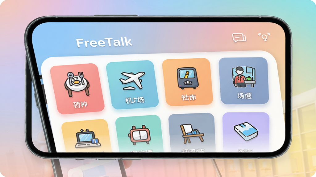 һ��չʾFreeTalk�����Ի�ѡ������ͼƬ���ֻ���Ļ���С�FreeTalk������Ͷ��������Ƭͼ�꣬��������������Ƶ�ȣ���������͵Ľ���ɫ�ʣ�����ִ����ã��Ű����룬�����������ɾ��޶���Ԫ��