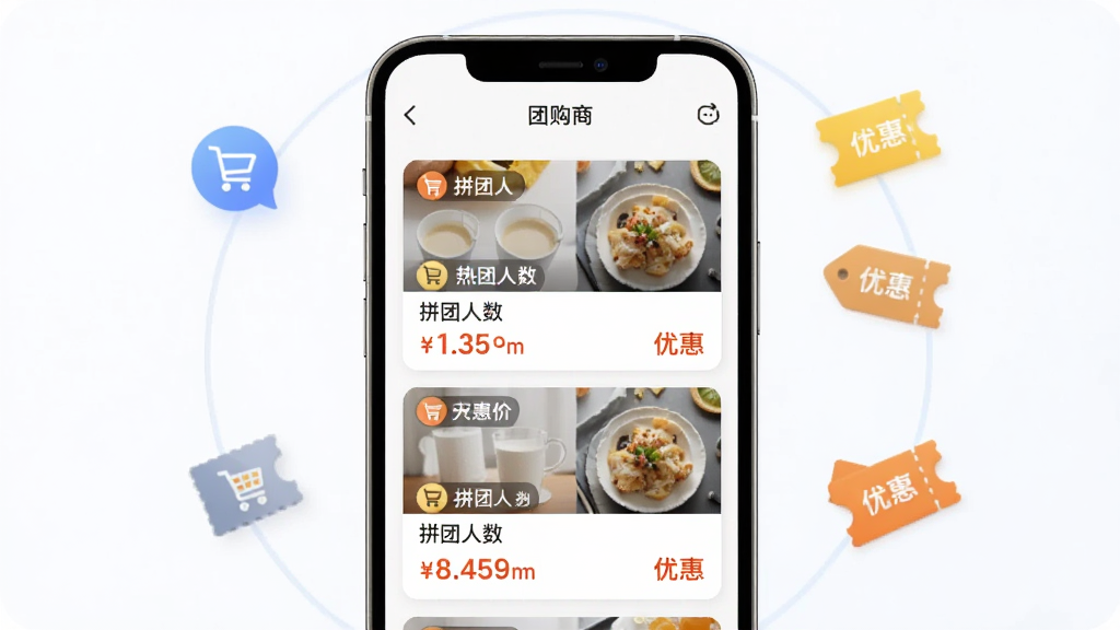 ������ѡAPP�Ź�ƴ������չʾͼ��������һ���ֻ���Ļ��ʾ�Ź���Ʒ�б���ÿ����Ʒ��Ƭ�ϱ�ע��ƴ���������Żݼ۸���Χ�й��ﳵͼ����Ż�ȯ��ǩ�������������������������룬���������ɾ�