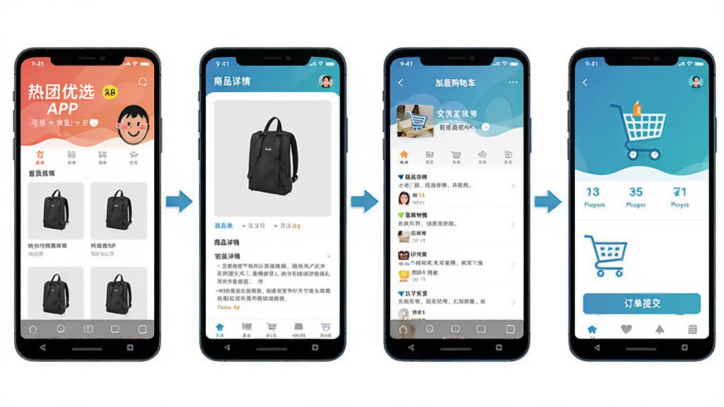 ������ѡAPP�ڰ�׿�ֻ��ϵ�ʹ�ò�������ͼ������չʾ�ֻ���Ļ����ҳ�������Ʒ���顢���빺�ﳵ�������ύ���ĸ��������棬ÿ�������ü�ͷ���ӣ�����������ֱ�ۣ���ɫͳһ�����ʸ���ɾ�