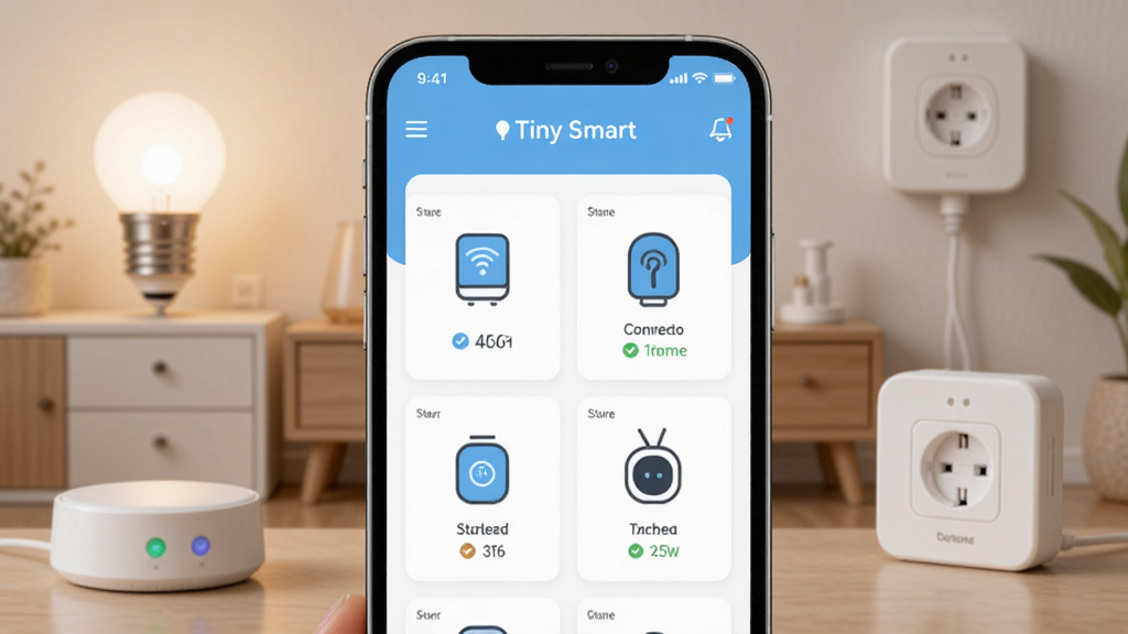 ��������չʾһ�������ֻ�����Ļ��������Tiny SmartӦ�õ��豸�������棬������ǳ��ɫ�Ͱ�ɫΪ��ɫ������ʾ��������豸ͼ�������״̬����������ܰ���ִ��Ҿӻ����������ܵ��ݡ����ܲ������豸���ơ���������Ƽ��У����ñ�ƽ����Ʒ��ϸ�����������ʸɾ��������޶���Ԫ�أ���ͼƽ�⣬�ʺ���Ϊ����������ͼ��