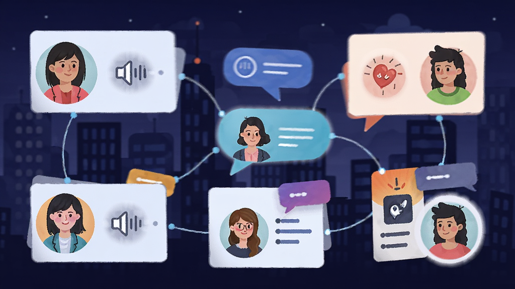 һ��չʾLanguage Exchange�����������ܵĲ廭���������ж���û�ͷ��ͨ����������Ͷ�̬��Ƭ���ӣ������ǳ���ҹ�����ʶԻ����ݣ��������罻����ϸ�����������ʸɾ����޶���Ԫ�ء�