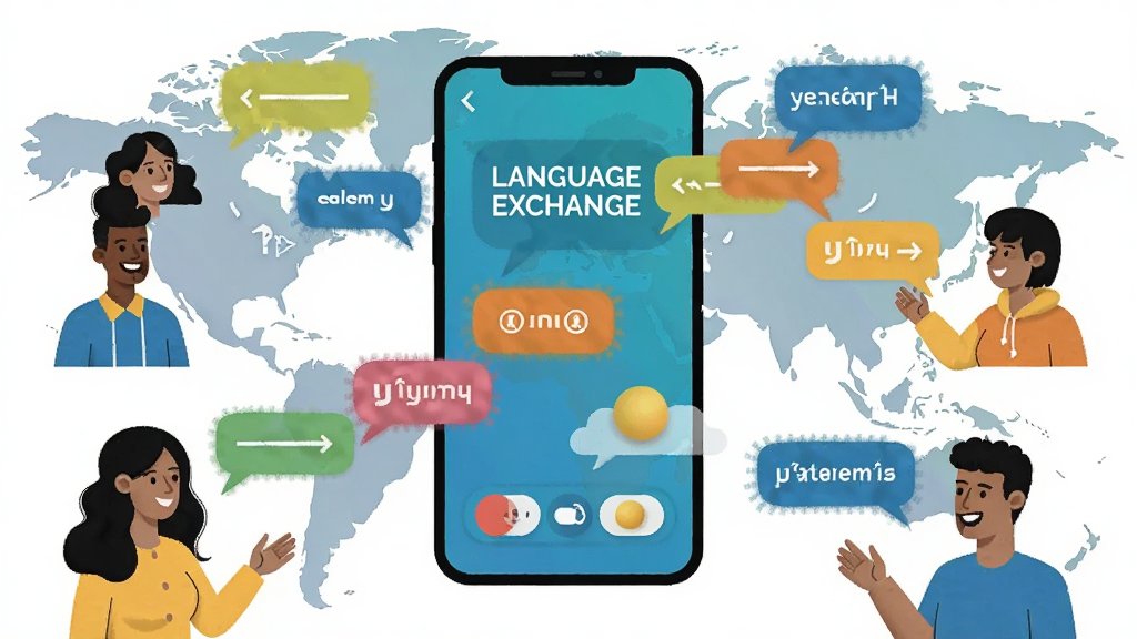 һ��չʾȫ�����Խ�������Ĳ廭�����������������ֻ���Ļ��ʾLanguage ExchangeӦ�ý��棬��Χ�����Ų�ͬ��ɫ��˵�Ų�ͬ���Ե�����ͨ�����ݶԻ������������������ͼ����������ִ���ƽ����ɫ��������ϸ�ڷḻ�������������ɾ��޶���Ԫ�ء�