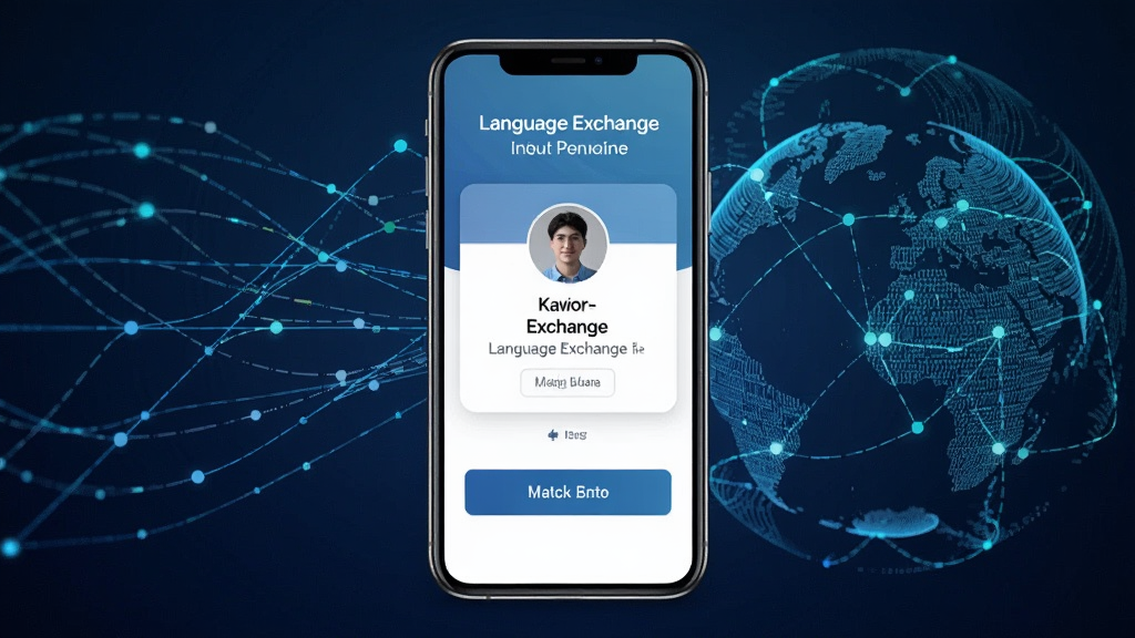 һ��չʾLanguage Exchange����ƥ�书�ܵĽ����ͼ���ͼƬ�������������ֻ���Ļ��ʾ�û��������Ͽ�Ƭ��ƥ�䰴ť�������ǳ�����������������͵���ͼ�������Ƽ���������н�ϣ�ϸ�����������ʸɾ����޶���Ԫ�ء�