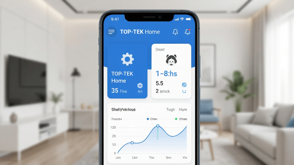 ������һ����׿�ֻ���Ļ��ʾ TOP-TEK Home Ӧ�������棬��������豸��Ƭ���ܺ����ߣ�����Ϊ�ֻ��������չʾ������Ϊǳɫ�ִ��Ҿӻ����黯���Ű�Ϊ���溣�������Ϊ�Ƽ���Լ�磬ϸ�ڰ�����ɫ���ɫΪ���� UI ��ɫ��������ͼ��������ͼ�������ʸ��� �ɾ� �޶���Ԫ��