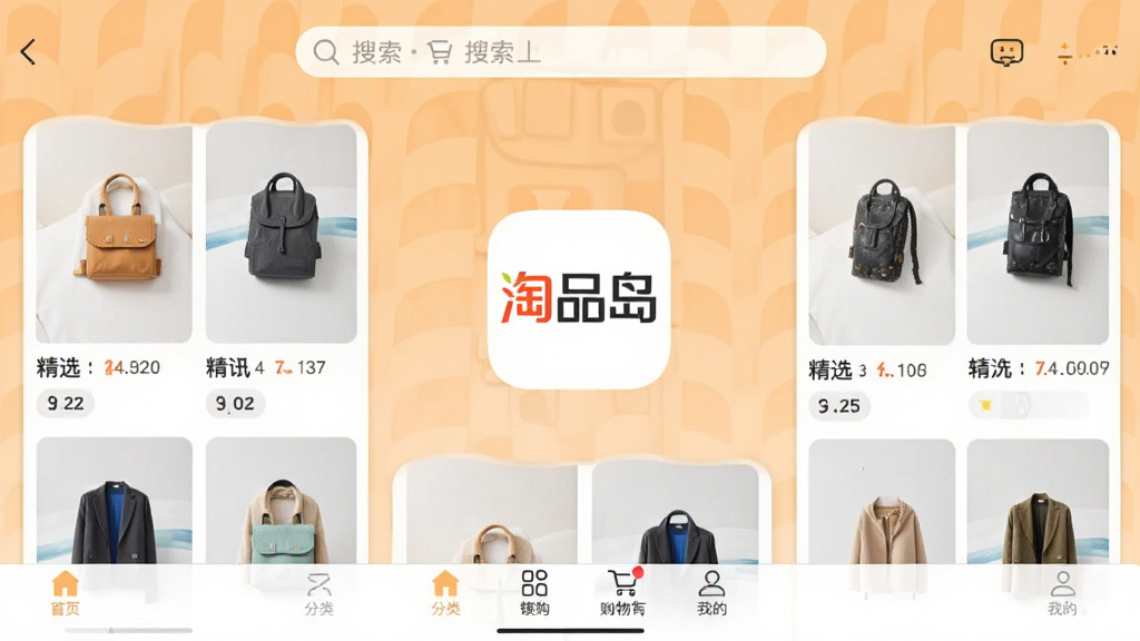 ��Ʒ��Ӧ���������ͼ����������չʾ����Logo�뾫ѡ��Ʒ�ٲ������֣�����Ϊǳ��ɫ���䣬���������������ɼ����ײ�������������ҳ�����ࡢ���ﳵ���ҵ��ĸ�ͼ�꣬�������������죬���������ɾ����޶���Ԫ��