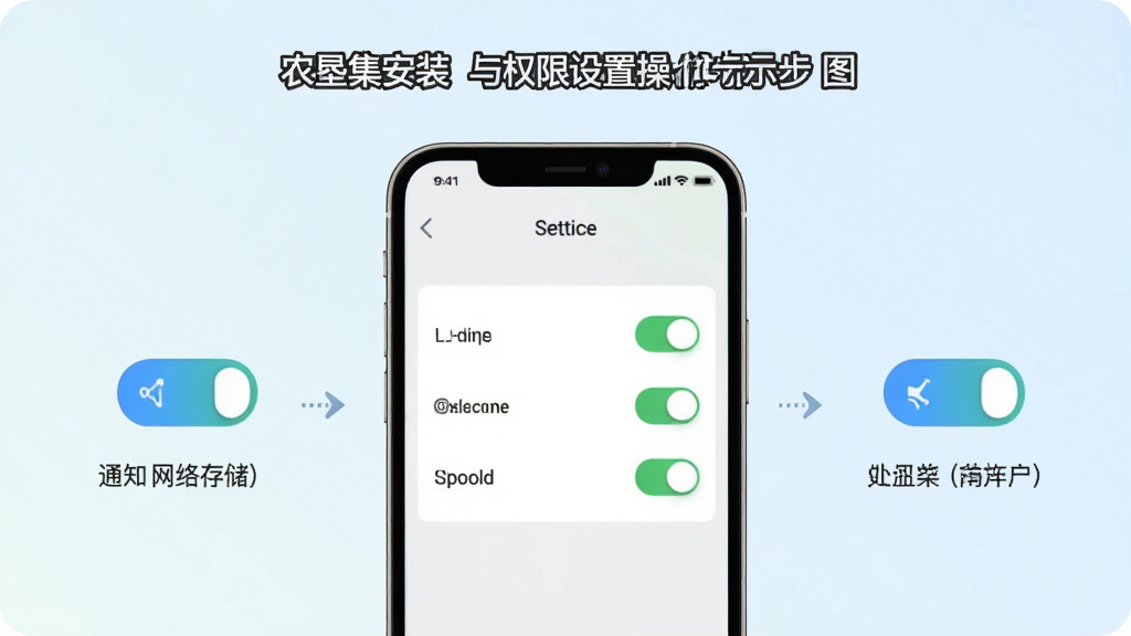 ũ�Ѽ�APP��װ��Ȩ�����ò�������ʾ��ͼ������չʾ�ֻ���Ļ�����ý����Ȩ�޹���ҳ�棬�������硢�洢��֪ͨ��Ȩ�޿��أ�����Ϊǳɫ���䣬���ֲ��÷ֲ�����ͼ�Ű棬��������ˣ�ϸ����ͻ�����ذ�ť����ʾ���֣������������ɾ��޶���Ԫ��