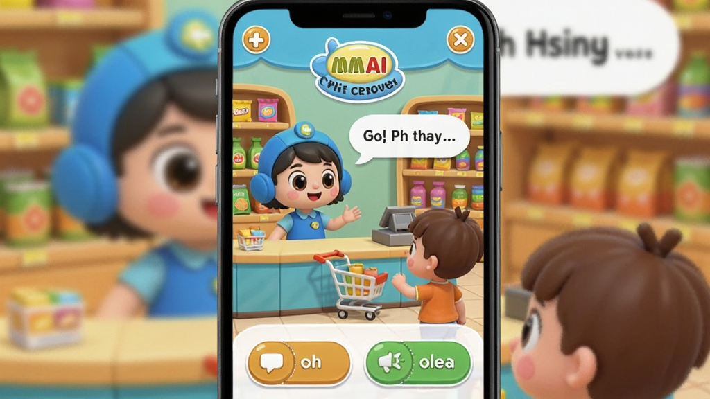 ����AIӢ���龰�����Ի����棬����չʾ�ֻ���Ļ�ڿ�ͨ���г�����AI��Ա��ɫ���ͯ�û�����Ӣ��Ի����Ի���������ʾӢ�ľ��ӣ�����Ϊ�ֻ�������д�����Ϊɫ�����޵Ŀ�ͨ���ϸ�ڰ���������Ʒ�����ﳵ�ͶԻ�ѡ�ť�����������ɾ����޶���Ԫ��