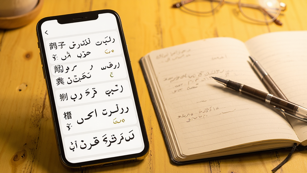 һ��չʾ�ڶ����﷭��ͨ���ö���ѧϰ���ܵĽ���ͼ��������һ���ֻ�������ʾ����Ļ�����ڶ����ﳣ�ö����б���ÿ������������ġ��ڶ�����ͷ�����ע���ֻ��Ա߷���һ�������ıʼǱ���һ֧�ʣ�����Ϊů��ɫ������������ܰѧϰ��ΧŨ���Ű����룬�����������޶���Ԫ�ء�