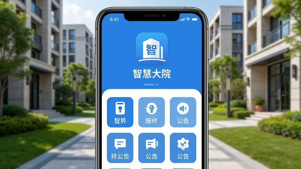 ����Ϊһ�������ֻ�����Ļ��ʾ�ǻ۴�ԺAPP��ҳ���棬����Ϊ�ֻ����з��ã�����Ϊ�ִ�С��¥�����̻��������Ű�������½ṹ���Ϸ�ΪAPPͼ�������ơ��ǻ۴�Ժ�����·�Ϊ����ͼ�����񡣷��Ϊ��ƽ���Ƽ�����ɫ��ϸ�ڰ����Ž������ޡ������ͼ��Ԫ�ء������������ɾ��������޶���Ԫ�ء�
