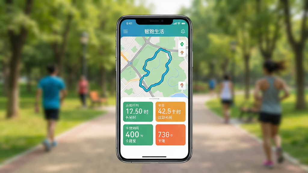 ��������Ϊ�ֻ���Ļ��ʾ��������APP���˶���¼���棬������ͼ�켣���˶�ʱ������·�����ĵ����ݿ�Ƭ������Ϊ���⹫԰�����黯������Ϊ����չʾ�����Ϊ�˶��������ϸ�������������ɼ������ʸɾ����޶���Ԫ�أ�����������Ϊ�����������