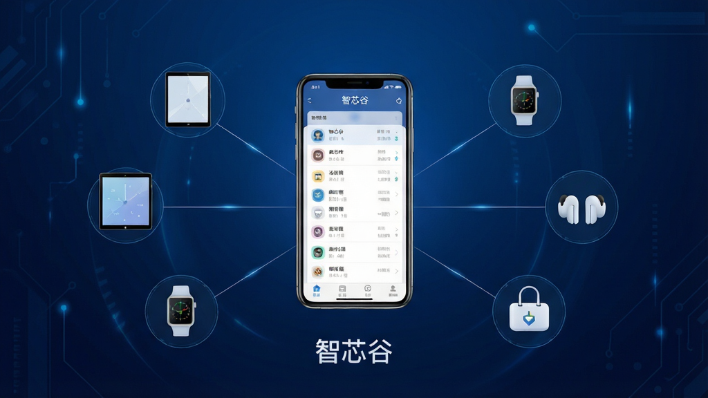 һ��չʾ��о�ȶ��豸�������ܵĳ���ͼ��������һ���ֻ����������룬��Ļ��ʾ��о�ȵ��豸�б����棬��Χ����ƽ�塢�����ֱ����������豸ͼ�꣬ͼ��֮����ϸ�����ӱ�ʾ����״̬������Ϊ����ɫ�Ƽ��н��䣬���ֳʷ���״Χ���ֻ�������Լ����ϸ�����������ʸɾ����޶���Ԫ�أ�ͼƬ�����ֱ�ע����о�ȡ�