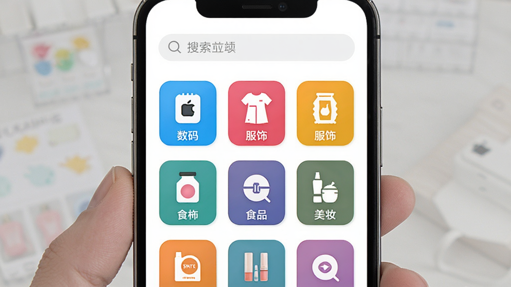 ����ͩ�̳���Ʒ����ҳ�棬�ֻ���Ļ����ʾ�����ɫ����ͼ���������У��������롢���Ρ�ʳƷ����ױ�ȱ�ǩ������Ϊ��ɫ�������������򡣷�����¼�Լ��ϸ�����������ʸɾ����޶���Ԫ�ء�