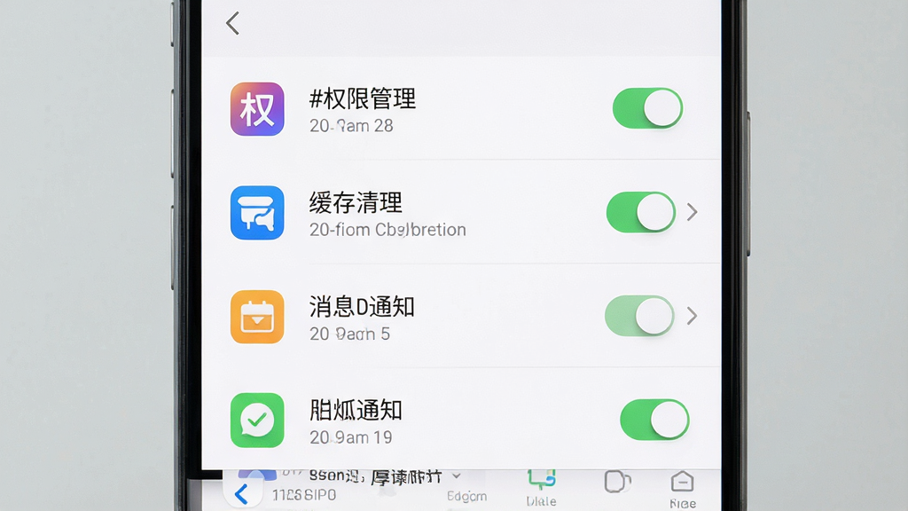 һ��չʾ���App����ҳ����ֻ���ͼ����Ļ����ʾȨ�޹�����������������Ϣ֪ͨ��ѡ���б��������԰�ɫΪ��ɫ��ÿ��ѡ������ж�Ӧͼ�꣬�Ҳ��п��ذ�ť���ͷ���ֻ������ڻ������룬����Ϊǳ��ɫ�����Ϊ���UIչʾ��ϸ�ڰ�������������ͼ�꾫�£����ʸ��壬�ɾ��޶���Ԫ��