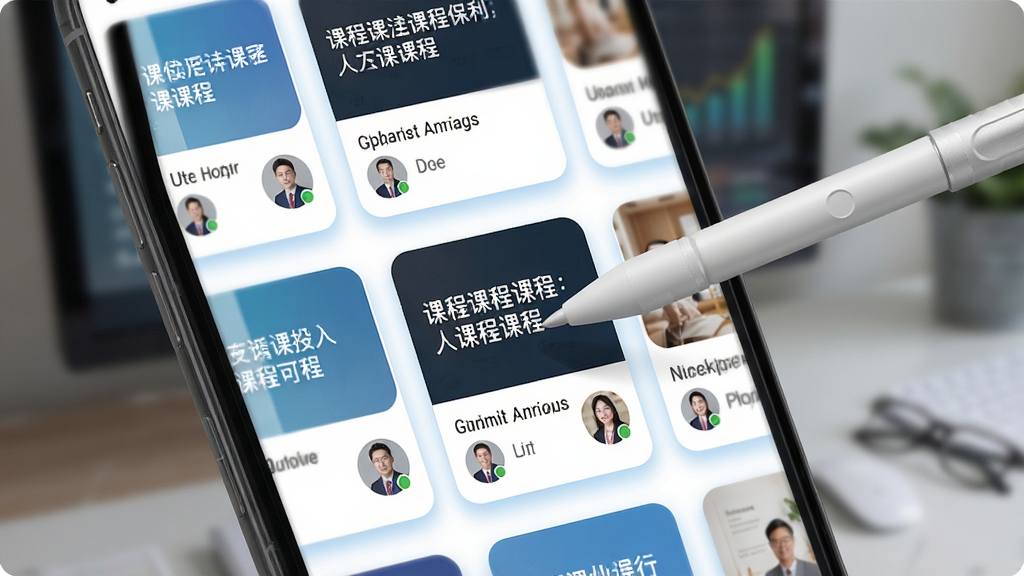 һ��չʾ���App�γ��б�ҳ����ֻ���ͼ����Ļ�������Ŷ��ſγ̷��濨Ƭ����Ƭ��ӡ�пγ����ƺͽ�ʦͷ�񣬽����԰�ɫΪ��ɫ����Ƭ���е���ɫ��Ӱ�������黯����������������һ֧���ر����ڵ������һ�ſ�Ƭ�����ΪдʵUIչʾ��ϸ�ڰ�����Ƭ�ϵ����������ɱ棬���ʸ��壬�ɾ��޶���Ԫ��