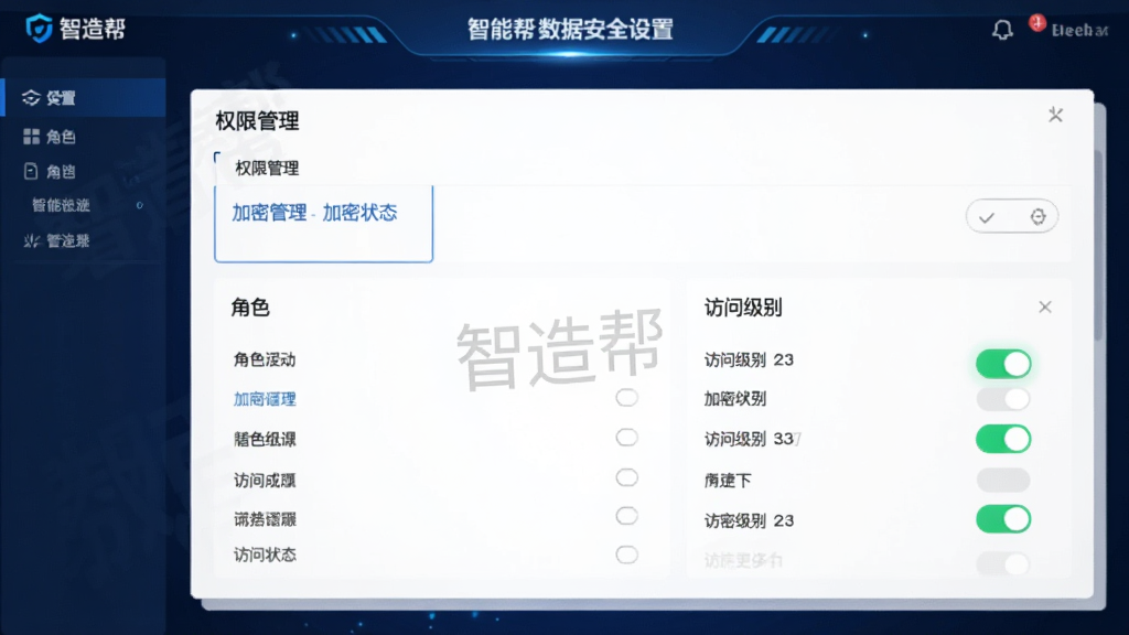 ��������ݰ�ȫ����ҳ�棬����չʾȨ�޹���ѡ�������״̬��ʶ��������ɫ�б�����ʼ��𿪹أ�����Ϊ����ɫ�Ƽ���񣬻��ʸɾ��������д��С���������ˮӡ