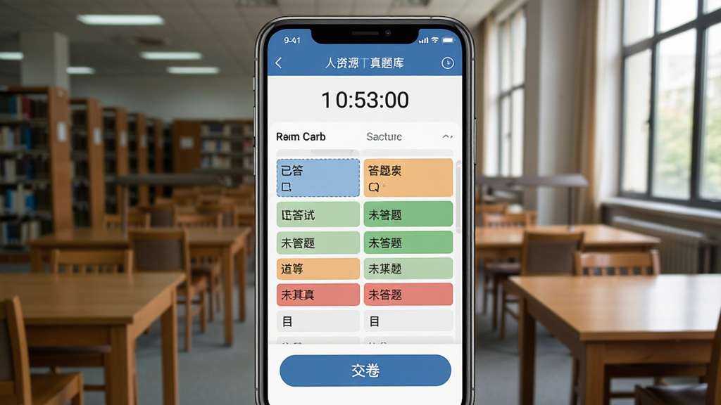 ������Դʦ�����ģ�⿼�Խ��棬����Ϊ�ֻ���Ļ��ʾ���Ե���ʱ�ʹ��⿨�����⿨�����Ѵ��δ����Ŀ����ɫ���֣������ǰ�����ͼ��ݳ����������κʹ��������Ϊרҵ������APP���棬ϸ�ڰ�����ʱ�������⿨���񡢽�����ť�������������޶���Ԫ��