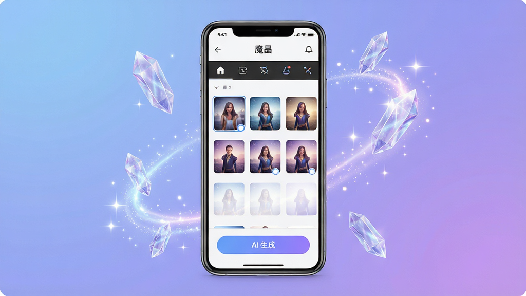 һ��չʾħ�����������ȫ��ͼ�������������ֻ���Ļ����Ļ����ʾħ��App�����棬����ͼƬ�༭���������˾�����ͼ��AI���ɰ�ť����������ִ���࣬����Ϊ��͵�����ɫ���䣬��Χ��׺��������ˮ����Ƭ��ħ����Ч�����Ϊ�Ƽ�����ħ���н�ϣ�ϸ�����������ʸ��壬�ɾ����޶���Ԫ��