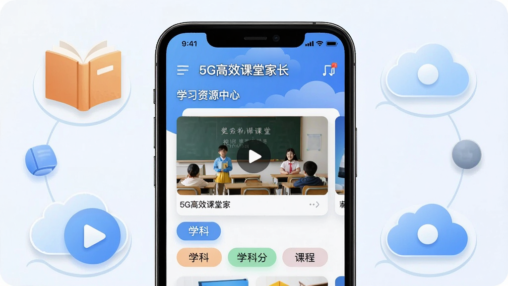 һ�š�5G��Ч���üҳ���Ӧ��ѧϰ��Դ���ĵĽ���չʾͼ���ֻ���Ļ����ʾ��Ƶ�γ̿�Ƭ��ѧ�Ʒ����ǩ����Ļ���ܻ����鼮�����Ű�ť���ƶ�ͼ�꣬��������ͻ��������ִ���࣬ϸ�����������ʸɾ����޶���Ԫ��