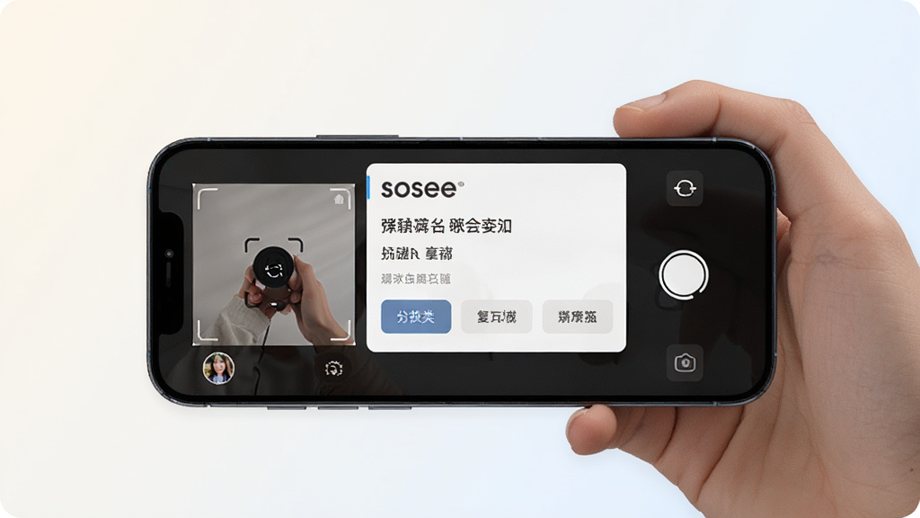 ����չʾ����sosee���������棬�ֻ���Ļ����ʾ����ͷȡ������ʶ������Ƭ������Ϊ����ǳɫ���䣬����Ϊһ���ֳ������ֻ������־��У��Ű����������Ϊ�ִ��Ƽ��У�ϸ�ڰ���ʶ��ͼ�ꡢ���ֱ�ǩ����ఴť�����ʸ��壬�ɾ����޶���Ԫ��