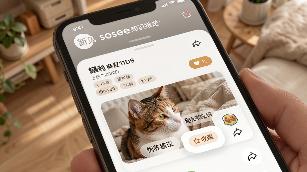 ����sosee������֪ʶ���ͽ��棬�ֻ���Ļ��ʾʶ��һֻè�󵯳�Ʒ�ֽ��ܡ�����������Ȥζ֪ʶ��Ƭ������Ϊ�ֻ���è����Ƭ������Ϊ��Ƭʽ��Ϣ�������Ϊ��ů����磬ϸ�ڰ���֪ʶ��ǩ���ղذ�ť�����ͼ�꣬���ʸ��壬�ɾ����޶���Ԫ��