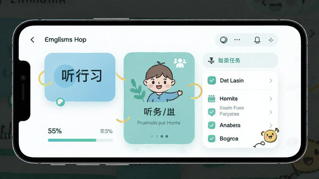 Ӣ��������ϰ����������չʾ������Ϊһ�������ֻ���Ļ����Ļ����ʾӢ��ѧϰAPP����ҳ���֣��������ʿ�Ƭ��������ϰ��ڡ�ÿ�������б���ģ�飬�Ű��������򣬷��Ϊ���¼�Լ�Ľ�����APP������ϸ�ڰ�����͵�����ɫ����Բ��ͼ�ꡢ�������Ϳ�ͨ�廭Ԫ�أ����ʸ��壬����ɾ����޶���Ԫ��