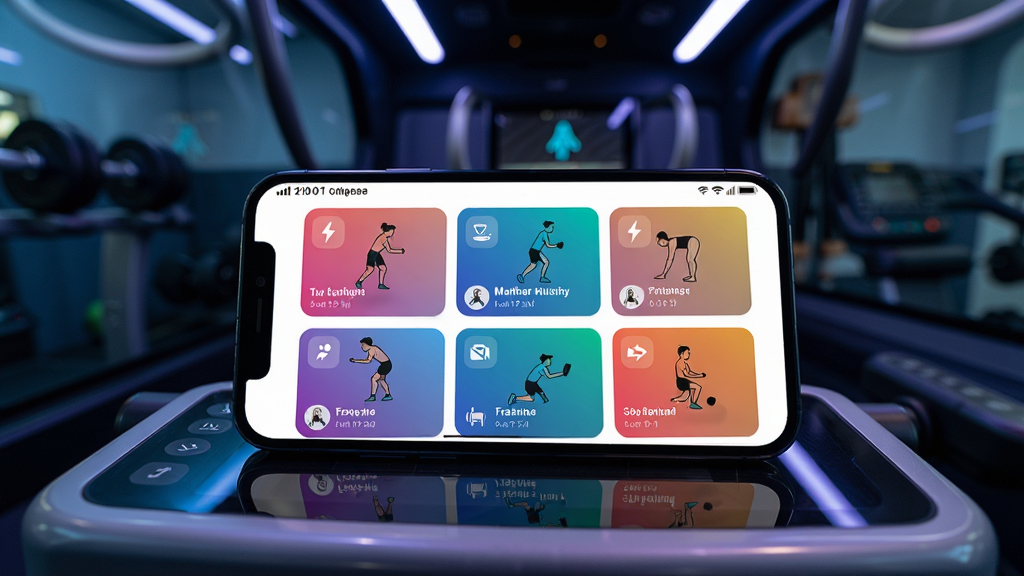 ��������Ϊ����ս���APP�Ŀγ��б����棬��Ļ��չʾ���ѵ���γ̿�Ƭ����Ƭ���ж���ʾ��ͼ��ʱ����ע���ֻ������ڽ������ڵĿ���̨���ϣ�����Ϊ���ڻ��������ֲ���ǰ���ֻ����󾰲��壬�Ű��η��������Ϊ�˶������磬ϸ�ڰ����γ̷����ɫ�ʽ��䡢ͼ����ơ����ڵƹⷴ�䣬���ʸ��壬�ɾ����޶���Ԫ��