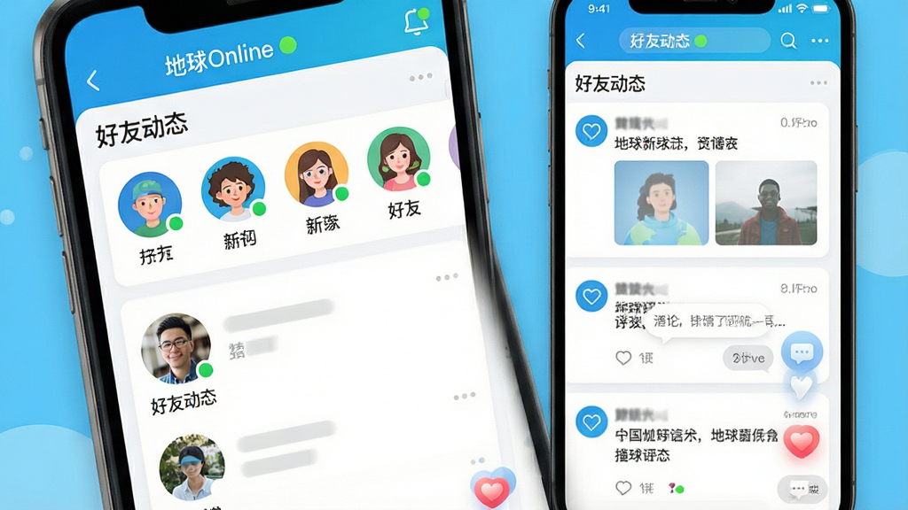 �����ǵ���OnlineӦ�����罻�������棬����Ϊ�ֻ���Ļչʾ�����б���������̬�����Ű��Ϻ���ͷ��������С���̬��Ƭ������������Ϊ����������罻UI��ƣ�ϸ�ڰ������ް��Ķ������������ݡ�����״̬С�̵㣬��������ʾ����