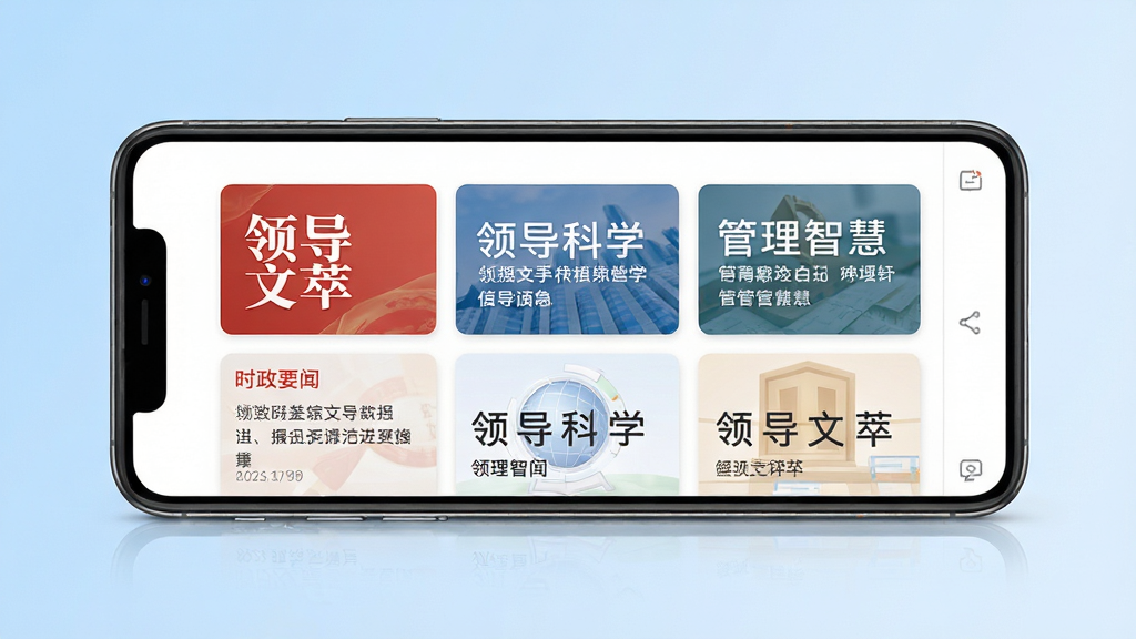 �쵼����App������չʾ������������һ�������ֻ�����Ļ��ʾ���쵼���͡�Ӧ����ҳ��ҳ���Ű����룬����ʱ��Ҫ�š��쵼��ѧ�������ǻ۵���Ŀ��Ƭ������Ϊǳ��ɫ���䣬���������ϸ�����������ʸɾ����޶���Ԫ�أ�������Ⱦ