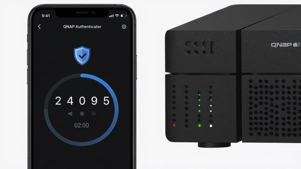 ����Ϊһ�������ֻ�����Ļ��ʾ QNAP Authenticator Ӧ�ý��棬������������λ���ֶ�̬��֤��͵���ʱԲ�����ֻ��Ա߷���һ̨ QNAP NAS �豸������Ϊ���ҽṹ������ֻ��Ҳ� NAS���Ű�ɾ����У����Ϊ�ִ��Ƽ��У�ϸ�ڰ����ֻ���Ļ�ϵĶ��ư�ȫͼ��� NAS �ϵ�ָʾ�ƣ����ʸ��壬�ɾ����޶���Ԫ��