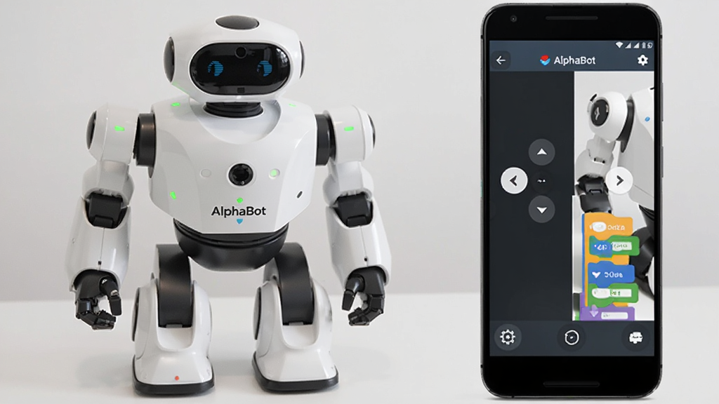 ������һ̨��ɫ��AlphaBot����������վ�������ϣ��Ա߷���һ����׿�ֻ����ֻ���Ļ����ʾAlphaBot�����Ŀ��ƽ��棬���ֲ������ҷ�����ͼ�����������Ҳ��ֻ����Ű�����У����Ϊ�Ƽ��в�Ʒչʾͼ��ϸ�ڰ������������ϵĴ�����ָʾ�ơ��ֻ���Ļ�ϵķ�����ư�ť�ͱ�̻�ľ�飬���ʸ��壬�����ɾ����޶���Ԫ��