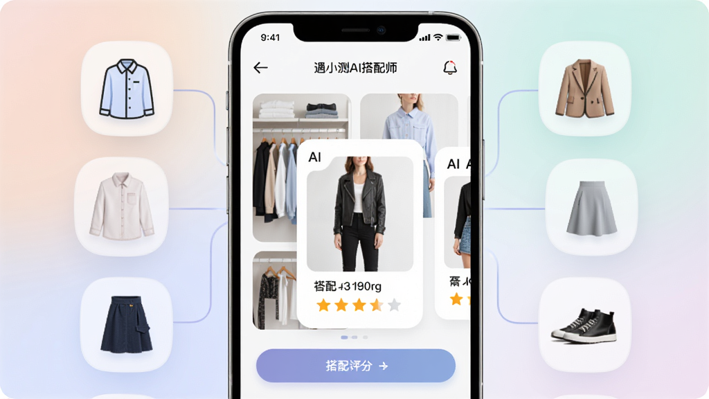 ��С��AI����ʦ��һ�����ܴ����Ӧ�ã�����������һ�������ֻ�����Ļ����ʾ�³����������AI���ɵĴ������Ƭ�����ֲ��þ��й�ͼ���ֻ����ڻ������룬��Χ���Ƴ��������ס�ȹ�ӡ�Ь�ӵȷ�װ��Ʒͼ�ꡣ�Ű�ɾ����࣬���Ϊ�ִ��Ƽ�����ʱ�ин�ϡ�ϸ�ڰ�����͵Ľ��䱳����������UI��ť�����������Ǽ������ʸ��壬����ɾ����޶���Ԫ�ء�