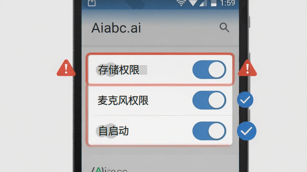 ����չʾһ����׿�ֻ�����Ļ��ʾ��Aiabc.ai��Ӧ�����ý��棬������ע���洢Ȩ�ޡ�����˷�Ȩ�ޡ������������������ذ�ť���Ա��к�ɫ��ʾͼ�����ɫ�Թ�ͼ�꣬����Ϊ����ɫ�����Ϊ��ƽ��UIʾ��ͼ��ϸ�����������ʸɾ����޶���Ԫ��