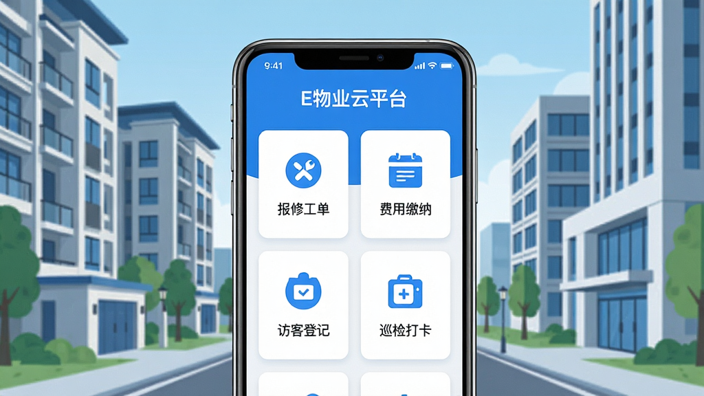 ��������չʾһ�������ֻ�����Ļ����ʾ��E��ҵ��ƽ̨����App���棬�������б��޹��������ý��ɡ��ÿ͵Ǽǡ�Ѳ����ĸ�����ͼ�꣬�������ִ�����סլС����д��¥��������ñ�ƽ���Ƽ������ɫ���ɫΪ��ɫ����ϸ�ڰ����ɾ�����Ŀ�Ƭʽ���ֺ�������ͼ�꣬���ʸ��壬�ɾ����޶���Ԫ��