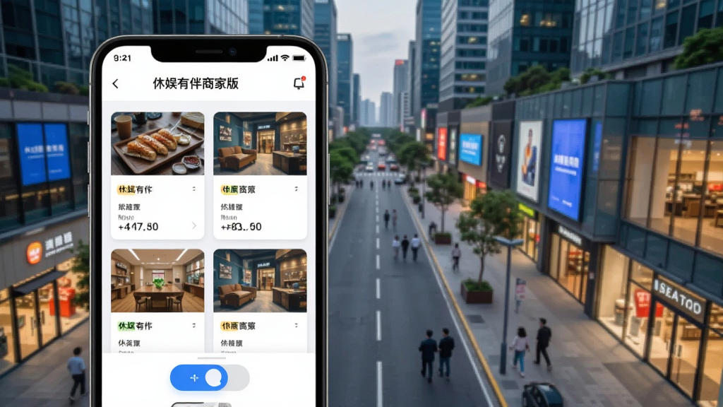 չʾ�������а��̼Ұ桱���ŵ�������棬�ֻ���Ļ��ʾ����ŵ꿨Ƭ���л���ť��ÿ����Ƭ�����ŵ����ƺͼ�Ҫ���ݡ�����Ϊ������ҵ�������ͼ������ִ�������ɫ��������������������ͼ��ࡣ
