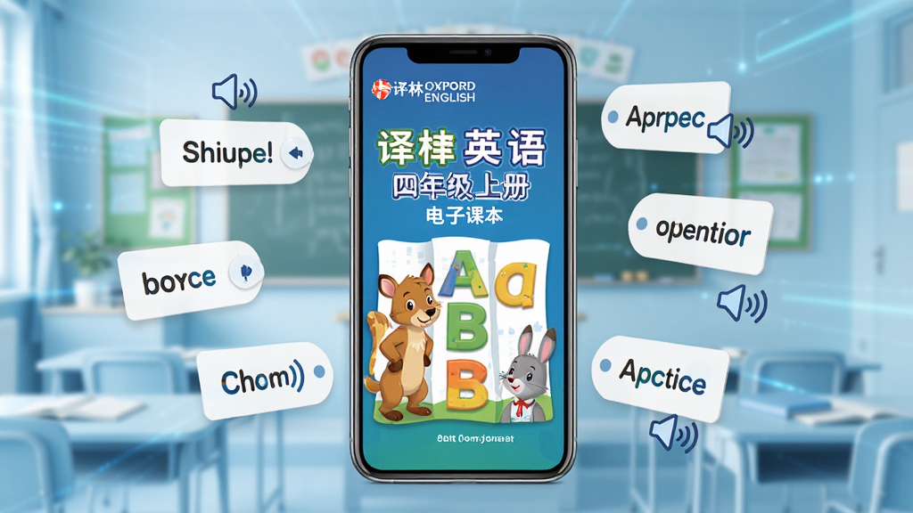 һ��չʾ����ţ��Ӣ����Ӧ��������Ĳ�Ʒչʾͼ������������һ̨���ŵ������ֻ����ֻ���Ļ����ʾ������ţ��Ӣ�����꼶�ϲ���ӿα��ķ��棬�����п�ͨ�����Ӣ����ĸԪ�أ��ֻ���Χ������Ư����Ӣ�ﵥ�ʿ�Ƭ�ͷ���ͼ�꣬������ǳ��ɫ�Ľ��ҳ����黯�����Ϊ�ִ������Ƽ��У�ϸ�ڷḻ�������������ɾ����࣬�޶���Ԫ�ء�