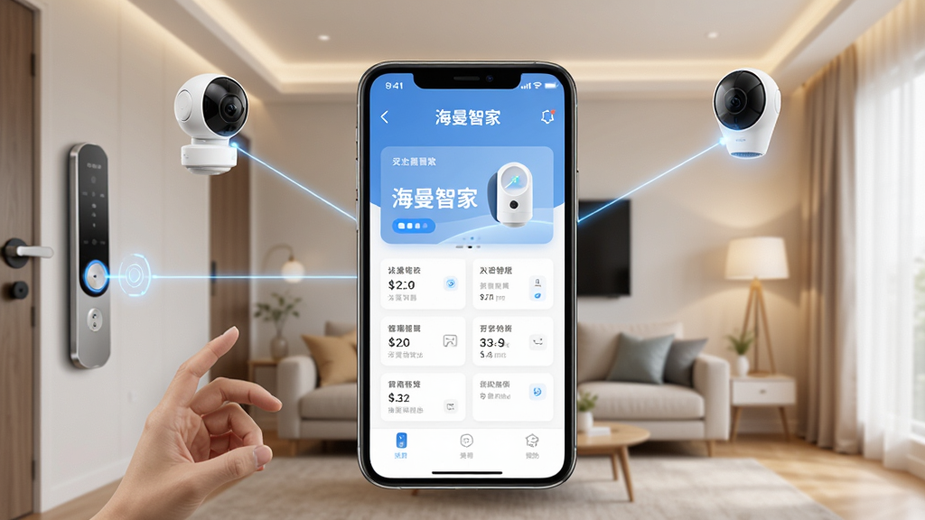 ����������һ�������ֻ����ֻ���Ļ������Ŀ��չʾ�š������Ǽҡ�APP�Ľ��棬���沼�ּ���ִ���������һ����ܰ���ִ���ͥ����������������������ͷ�͵ƹ��豸ͨ�������������ֻ�������������Ϊ�Ƽ����������ϣ�����ɾ����������ʸ��壬�޶�������Ԫ�ء�
