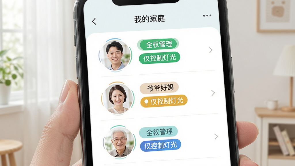 չʾһ����ͥȺ����棬�ֻ���Ļ����ʾ���ҵļ�ͥ���б����аְ֡����衢үү��ͷ��ÿ��ͷ�����в�ͬ��ɫ��Ȩ�ޱ�ǩ���硰ȫȨ���������������Ƶƹ⡱����������������ͣ����ֹ��������ʸɾ���